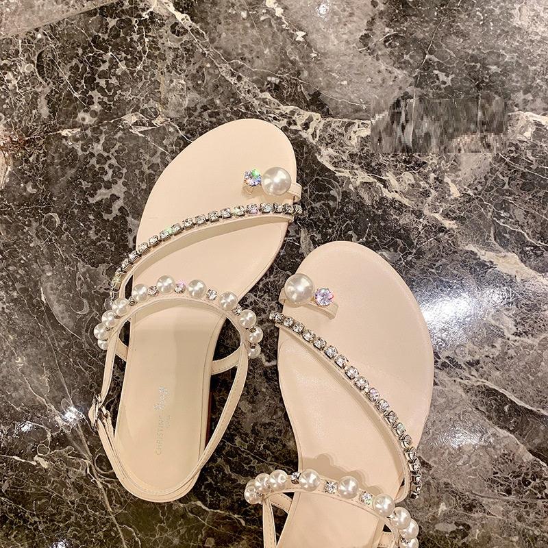 Women's Rhinestone Pearl Thong Flat Sandals - Trendha