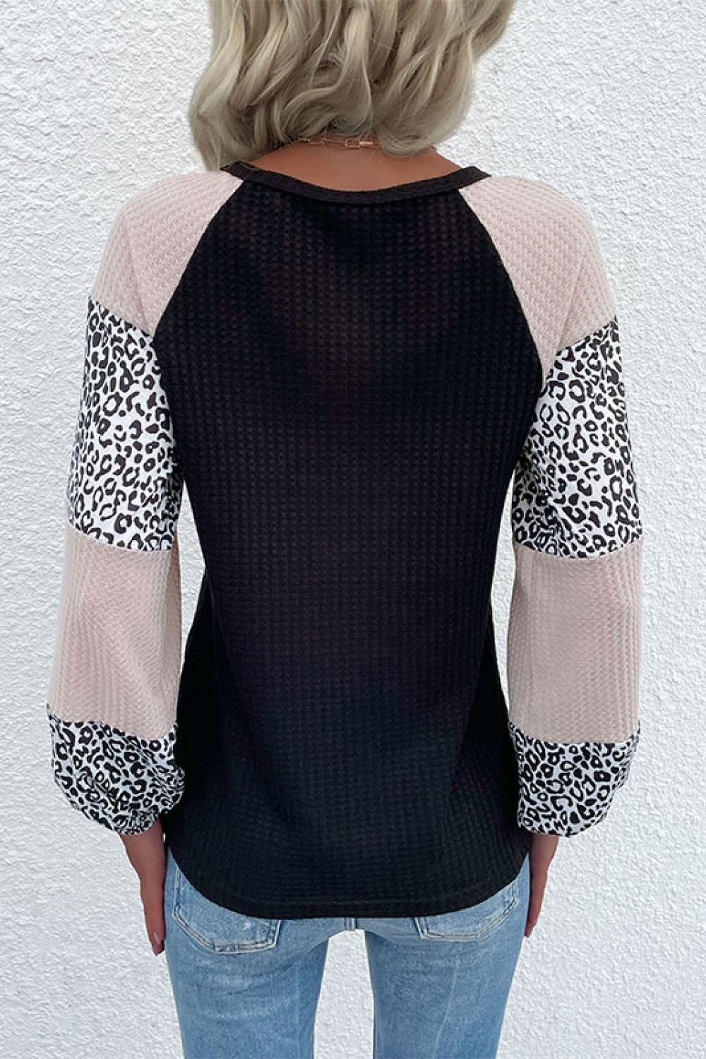 Contrast Leopard Print Waffle Knit Tee - Trendha