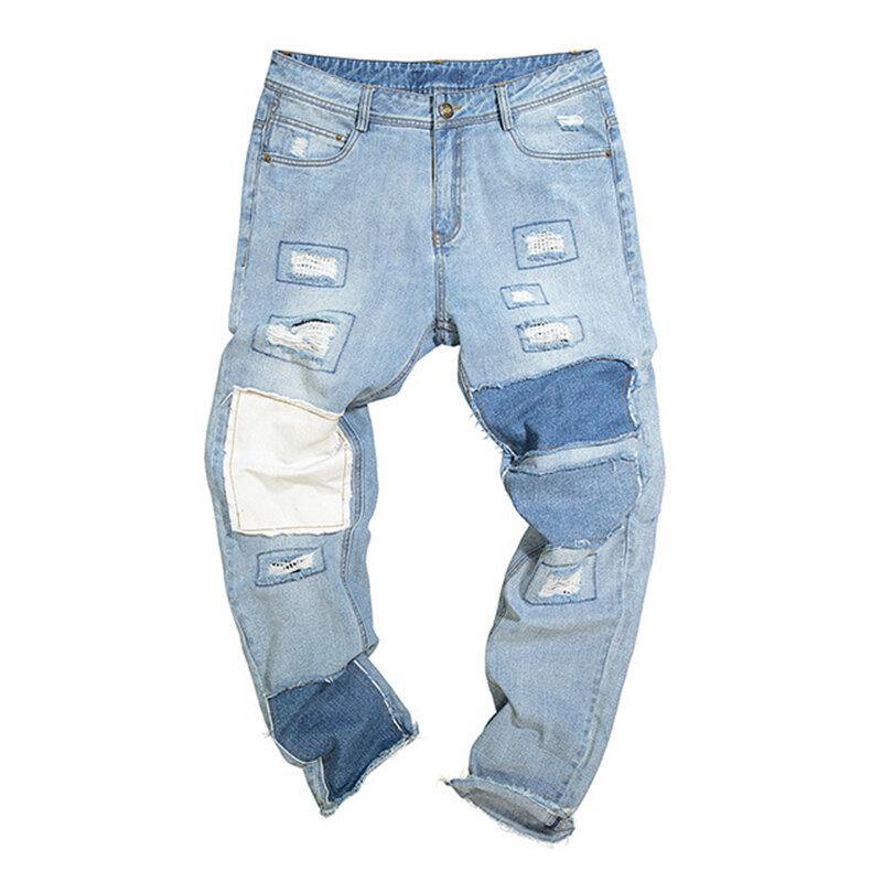 Stylish Patchwork Hip-Hop Blue Washed Designer Jeans - Trendha