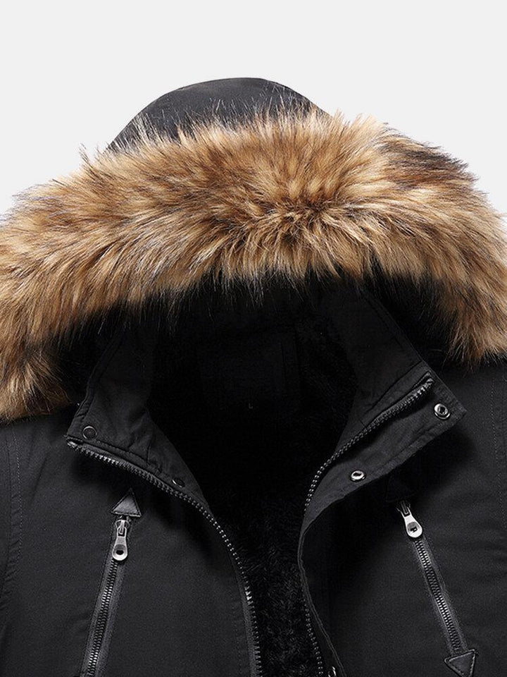 Mens Warm Faux Fur Collar Detachable Hooded Fleece Lined Windproof Coat - Trendha