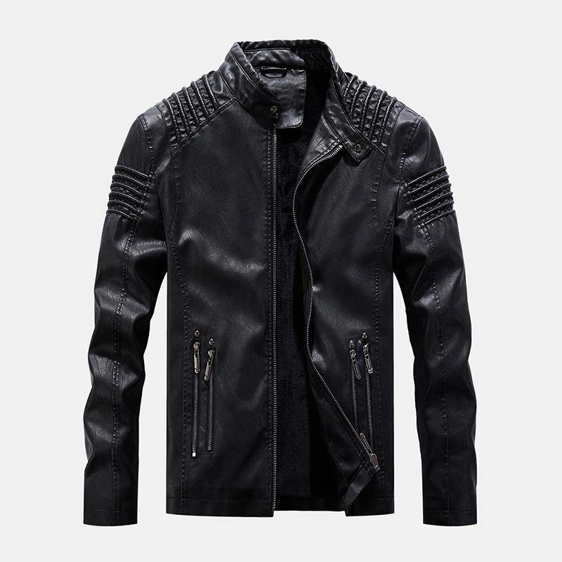 Mens Vintage PU Windproof Zippers Stand Collar Thick Jacket - Trendha