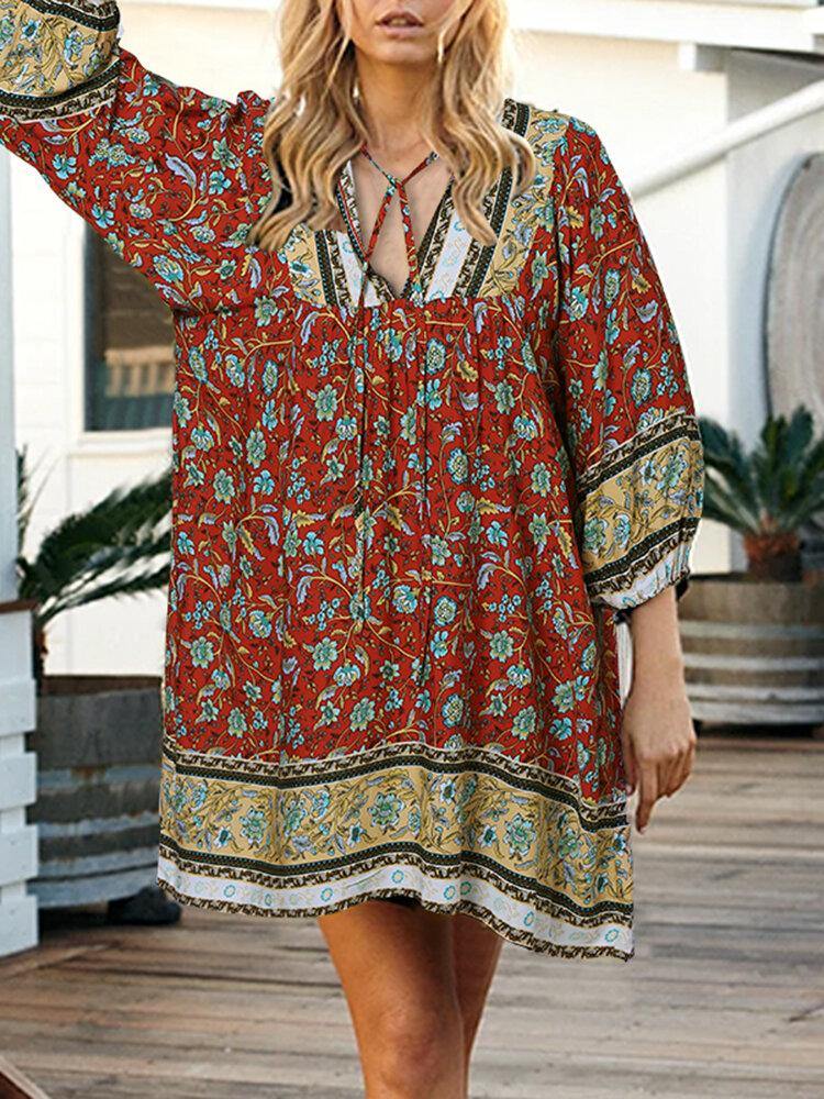 Ethnic Style Floral Print V-Neck Lace-Up Bohemian Holiday Casual Mini Dress For Women - Trendha