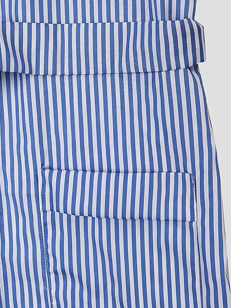 Casual Women Turndown Collar Adjustable Sleeve Side Split Striped Shirt Dresses - Trendha