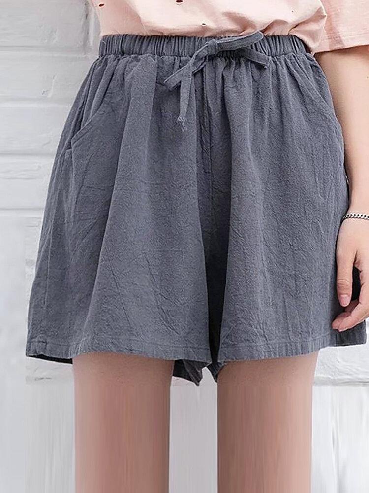 Women High Drawstring Waist Solid Cotton Casual Shorts - Trendha