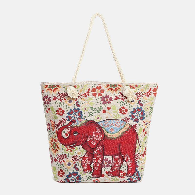 Women Elephant Printed Large Capacity National Tote Handbag - Trendha