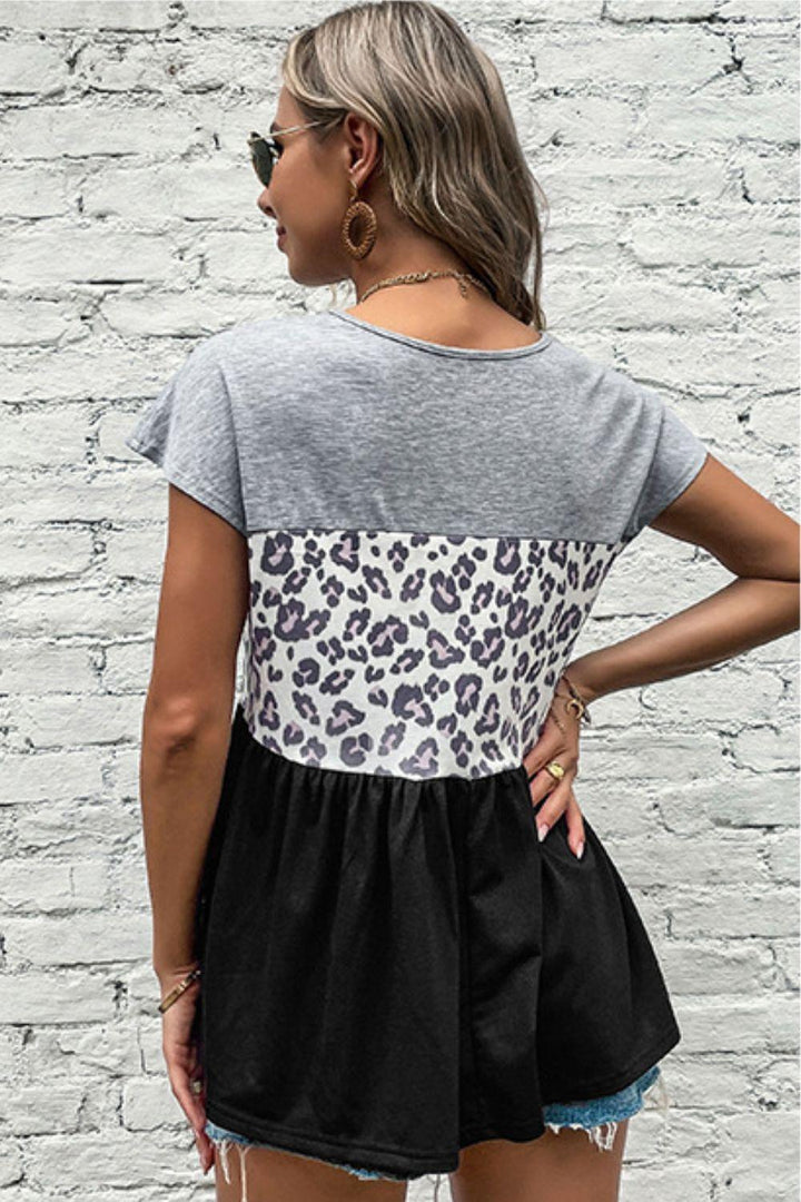 Leopard Color Block Babydoll Tee Shirt - Trendha