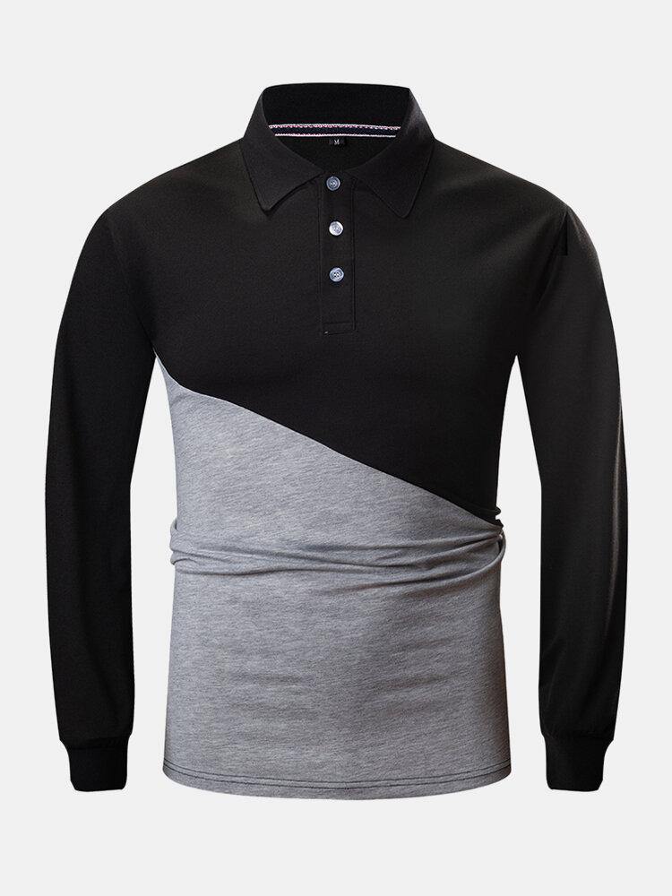 Mens Two Tone Stitching 100% Cotton Long Sleeve Casual Golf Shirts - Trendha