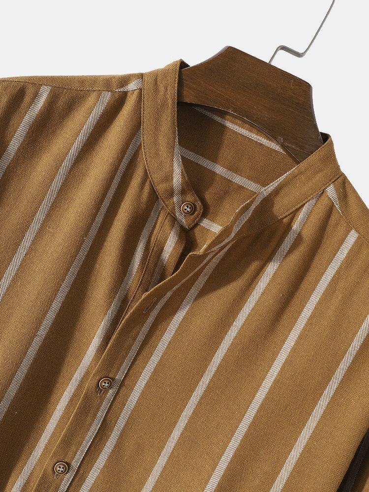 Mens 100% Cotton Striped High Low Plain Long Sleeve Henley Shirts - Trendha