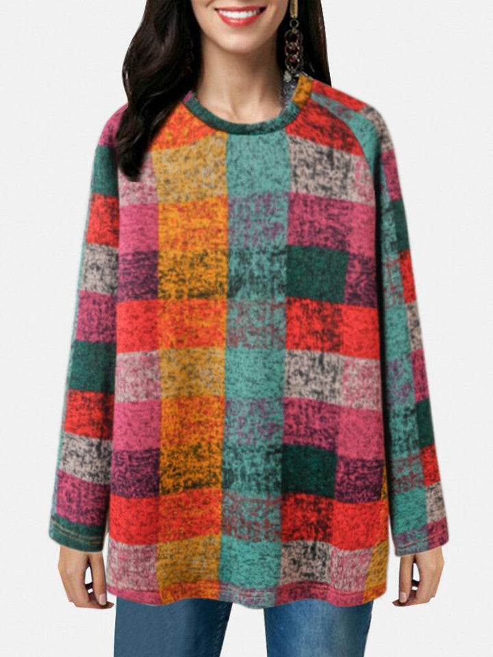 Women Color Block Round Neck Raglan Sleeve Vintage Casual Sweatshirts - Trendha