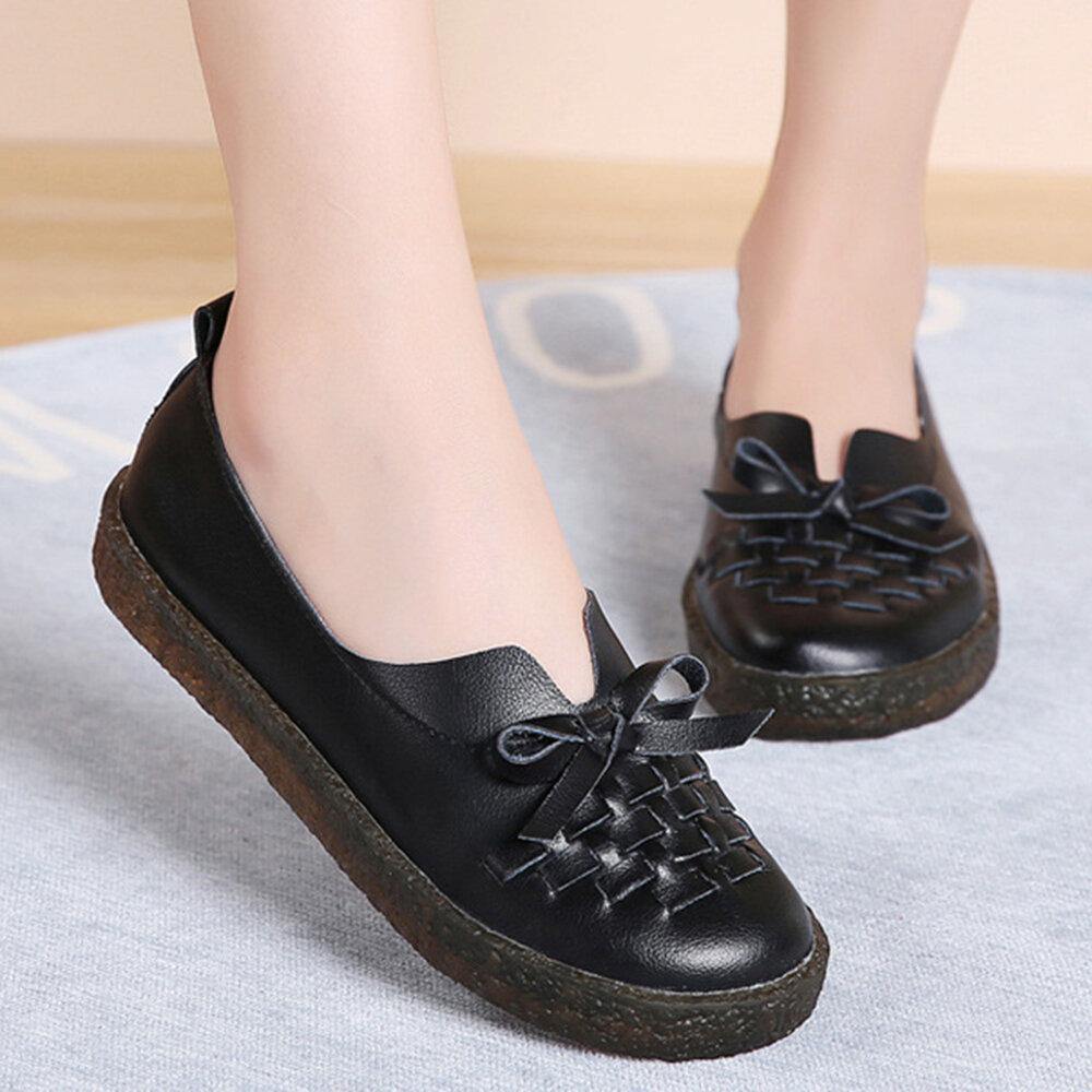 Women's Leather Slip On Solid Color Woven Bowknot Asakuchi Flats Loafers Shoes - Trendha