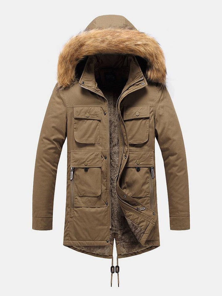 Mens Solid Color Detachable Faux Fur Collar Hooded Warm Fleece Lined Coats - Trendha