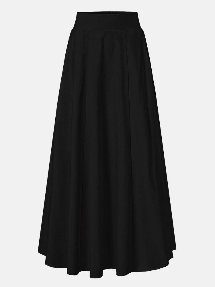 Women Solid Color A-Line Elastic Waist Casual Swing Skirts With Pocket - Trendha