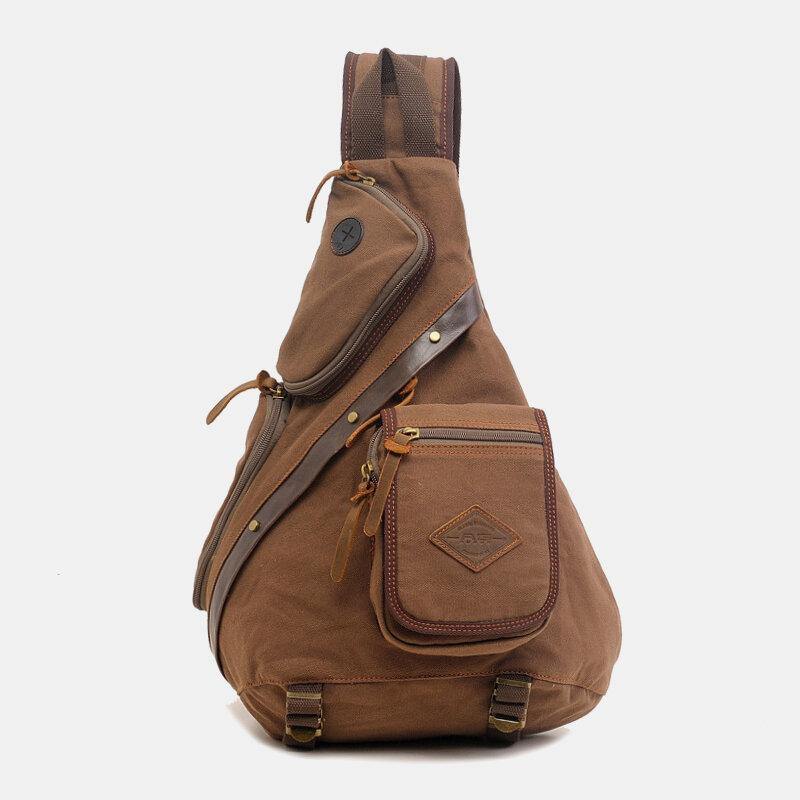 Men Genuine Leather And Canvas Travel Outdoor Carrying Bag Multi-pocket Crossbody Bag Chest Bag - Trendha