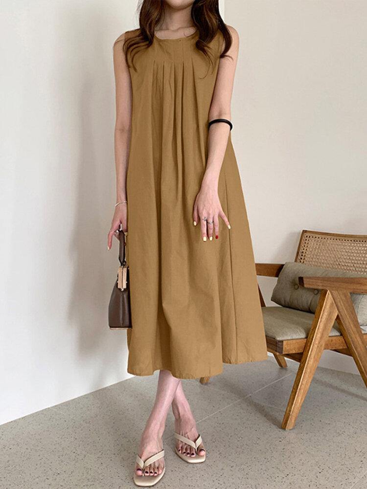 Women Solid O-Neck Sleeveless Bohemian Leisure Dress With Side Pockets - Trendha