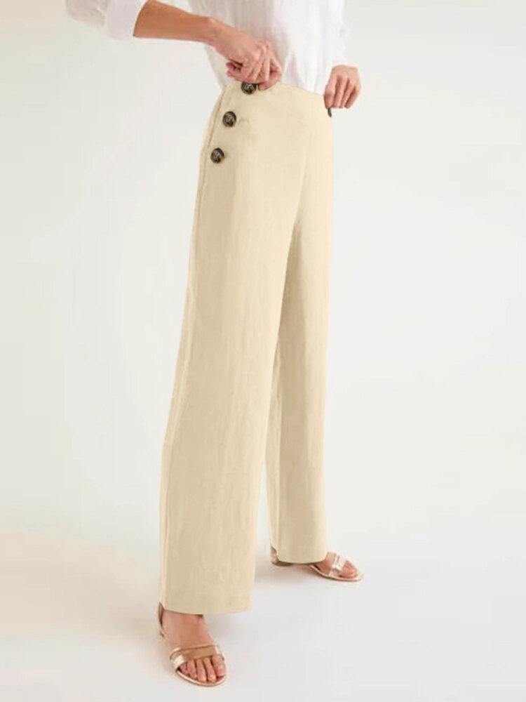 Women Zipper High Waist Side Button Wide Leg Pants Casual Bottoms With Pocket - Trendha