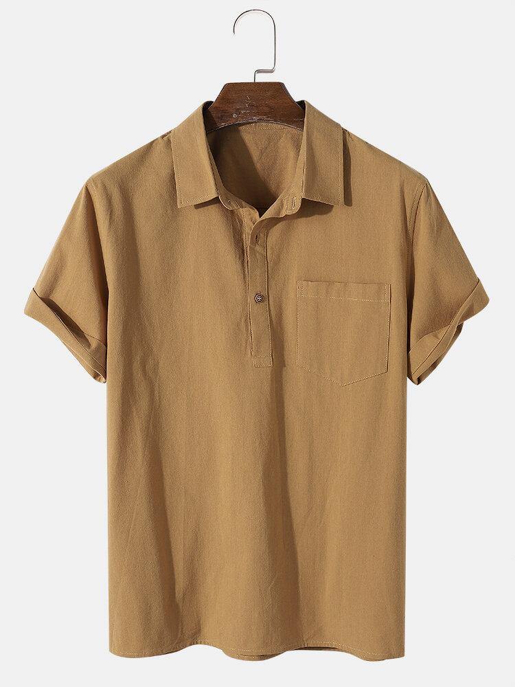 Mens 100% Cotton Basic Solid Color Lapel Short Sleeve Golf Shirt - Trendha
