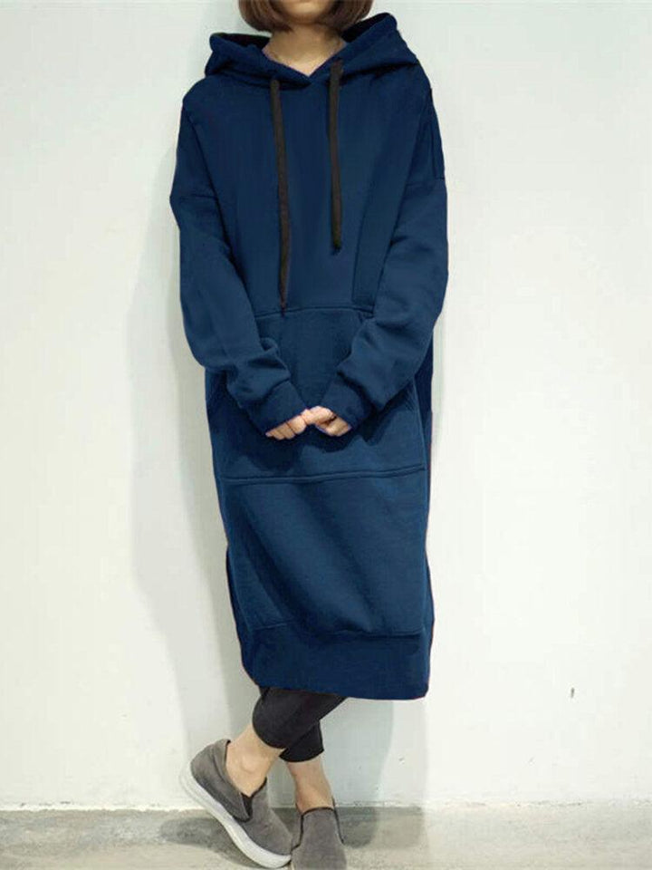 Casual Women Solid Color Long Sleeve Split Hem Pocket Hoodie Dress - Trendha