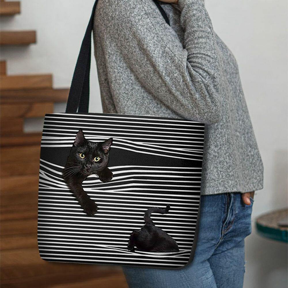 Women Felt Cute 3D Three-dimensional Black Cat Stripes Pattern Shoulder Bag Handbag Tote - Trendha