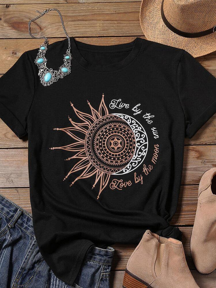 Sunflower Moon Print O-neck Short Sleeve Casual T-shirts For Women - Trendha