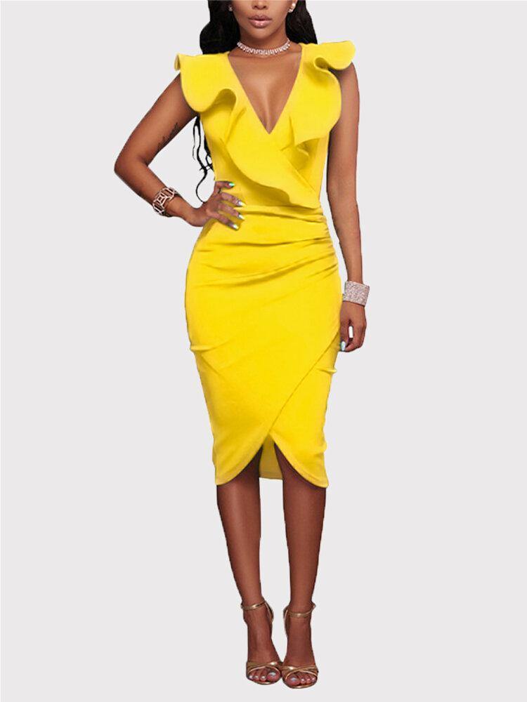 Yellow V-neck Irregular Hem Crossed Front Design Ruffle Midi Dress - Trendha