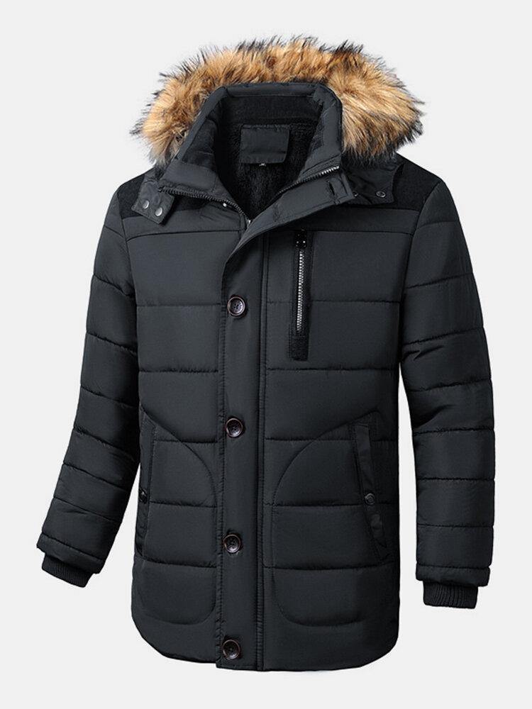 Mens Warm Detachable Faux Fur Collar Hooded Thicken Fleece Lined Coats - Trendha