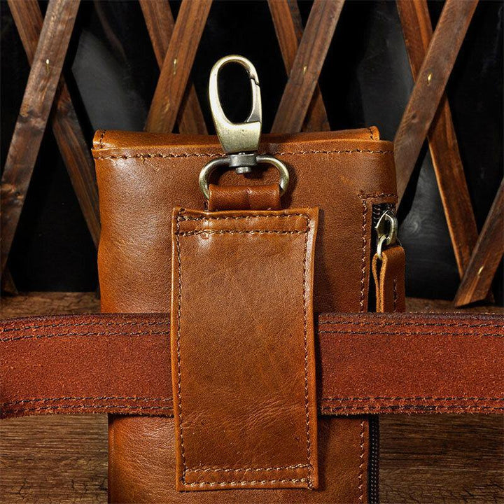 Men EDC Genuine Leather Vintage Outdoor 7 Inch Phone Camera Bag Waist Bag Wallet With Hook - Trendha