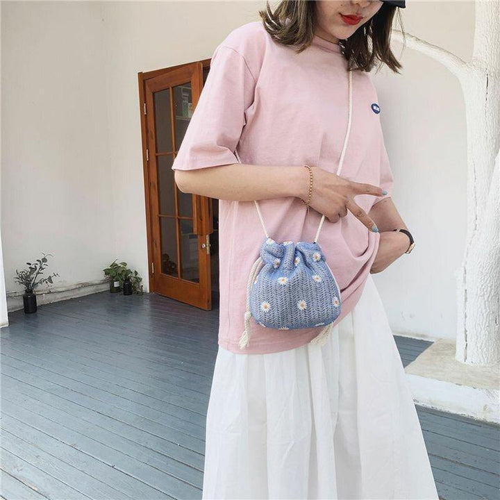 Women Straw Daisy Sunflower Pattern Print Casual String Lace Bag Beach Bag Bucket Bag Crossbody Bag Handbag - Trendha