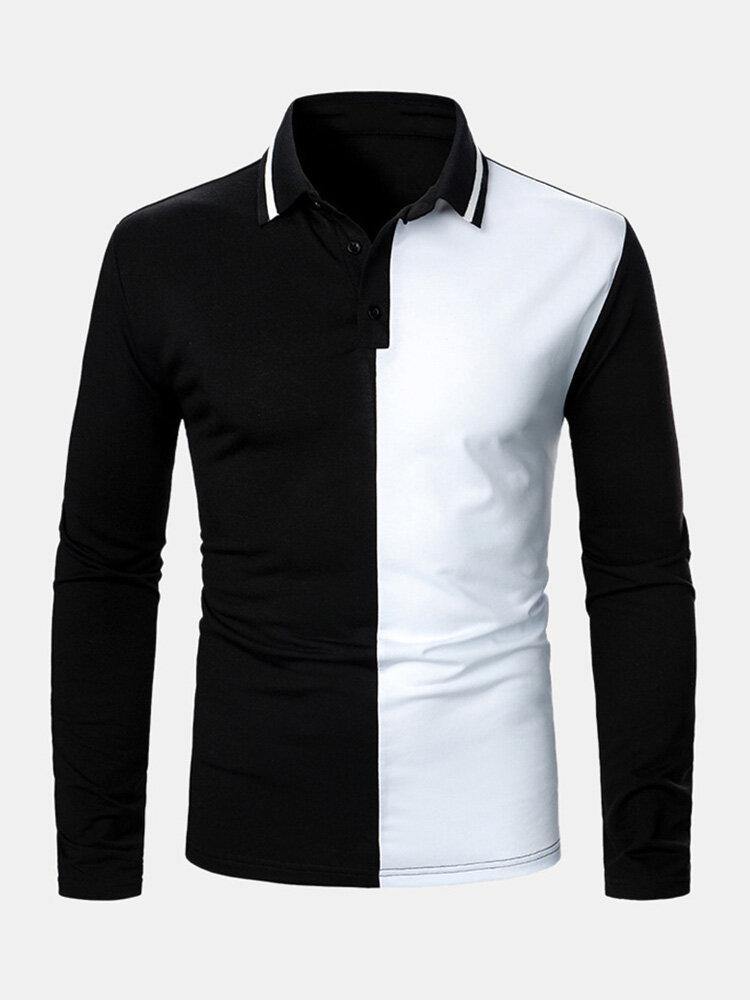 Mens Contrast Color Two Tone Patchwork Lapel Long Sleeve Golf Shirts - Trendha