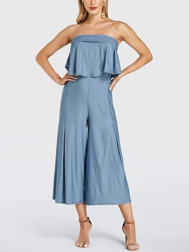 Women Solid Color Ruffle Pleated Off Shoulder Long Casual Jumpsuit - Trendha