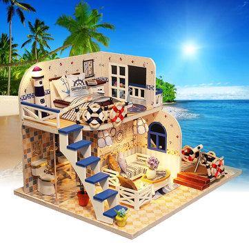DIY LED Light Coastal Villa Doll House Miniatures Furniture Gift Kit - Trendha