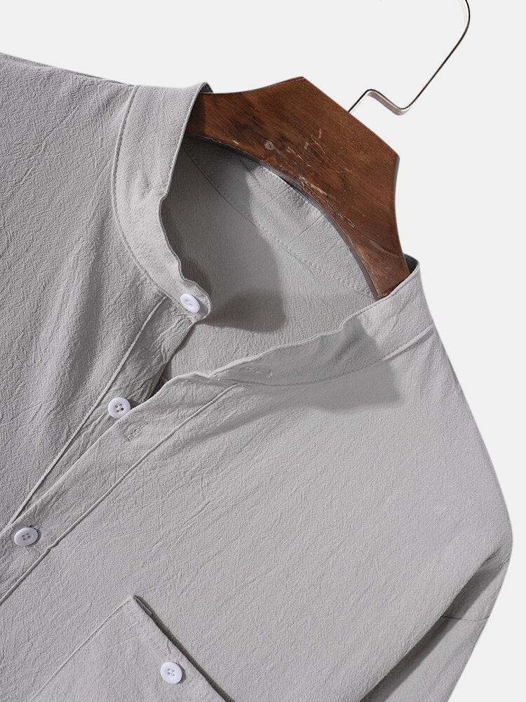 Mens Solid Color Stand Collar Cotton Long Sleeve Henley Shirts With Pocket - Trendha