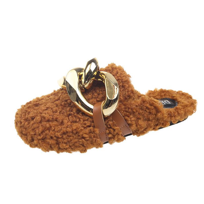 Fur Sandals Autumn Women Furry Wool Mule Slippers With Metal Chain - Trendha