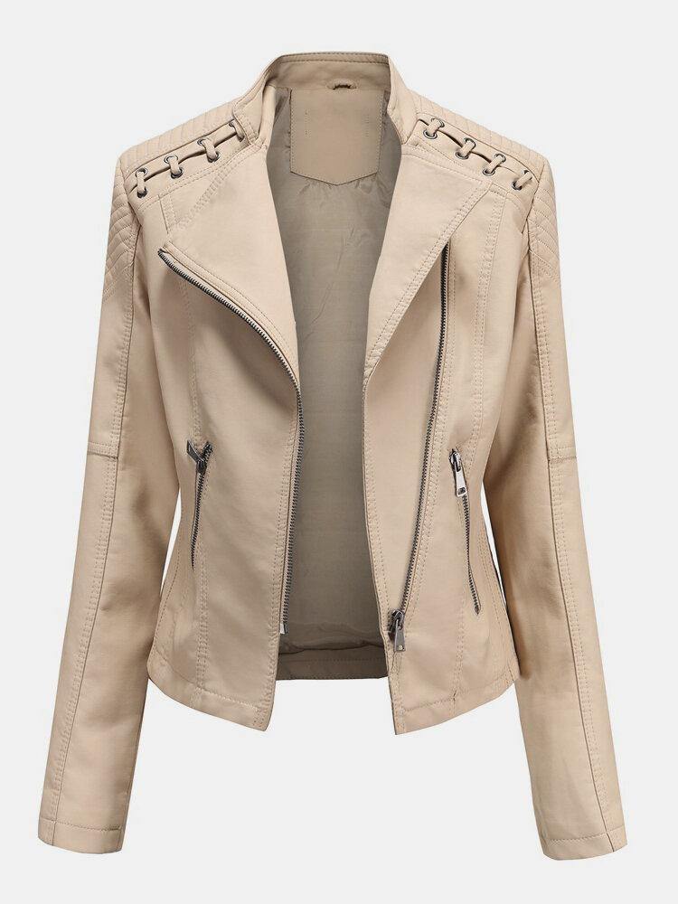Women Faux PU Leather Solid Color Motorcycle Jacket - Trendha