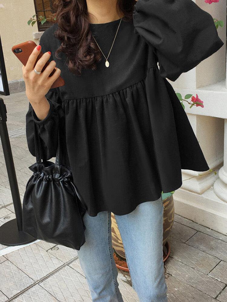 Women Solid Color Stitching Pleating Casual O-Neck Long Sleeve Blouse - Trendha