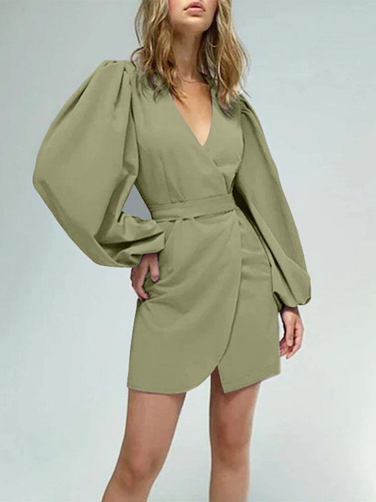 Women Solid V-Neck Wrap Tie Back Casual Puff Sleeve Mini Dresses - Trendha