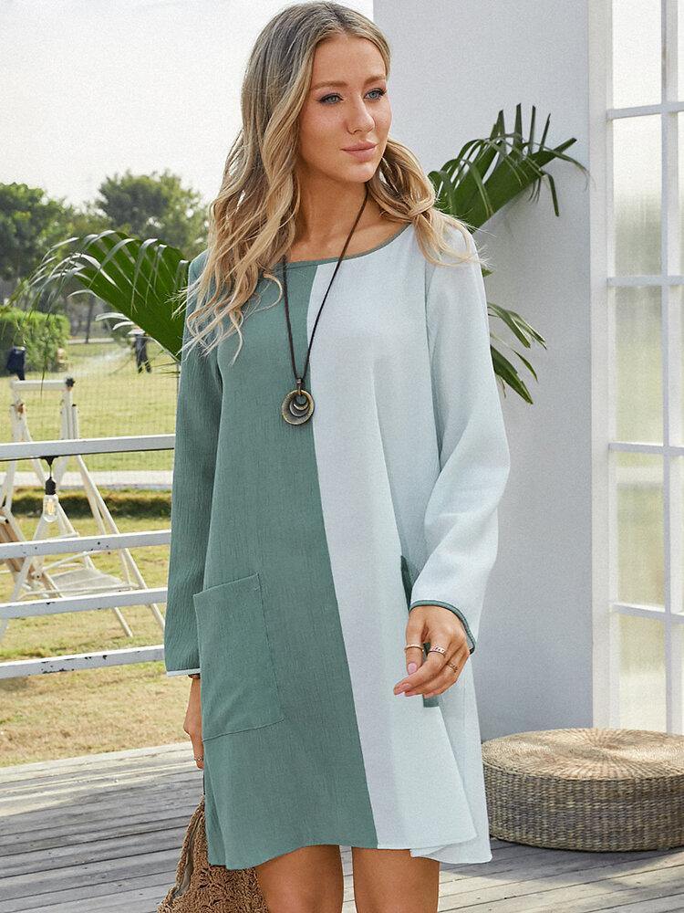 Women Contrast Color O-Neck Long Sleeve Casual Dress With Pocket - Trendha
