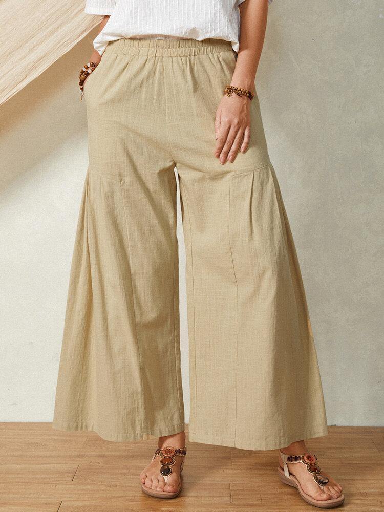 Solid Color Pocket Elastic Waist Casual Cotton Flare Leg Women Pants - Trendha