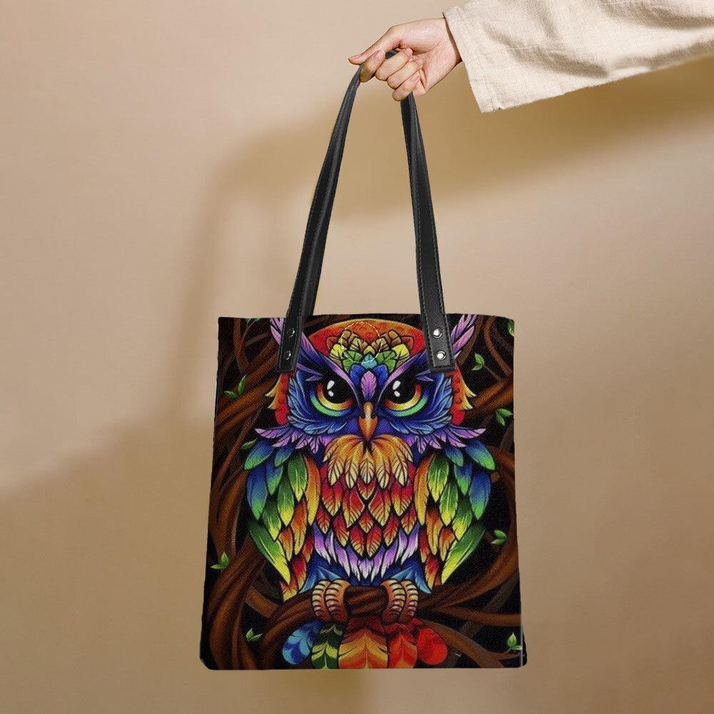Color Owl Print Pattern Leather Tote Bag Sticker Shoulder Bag Handbag Tote With Built-in Small Bag - Trendha