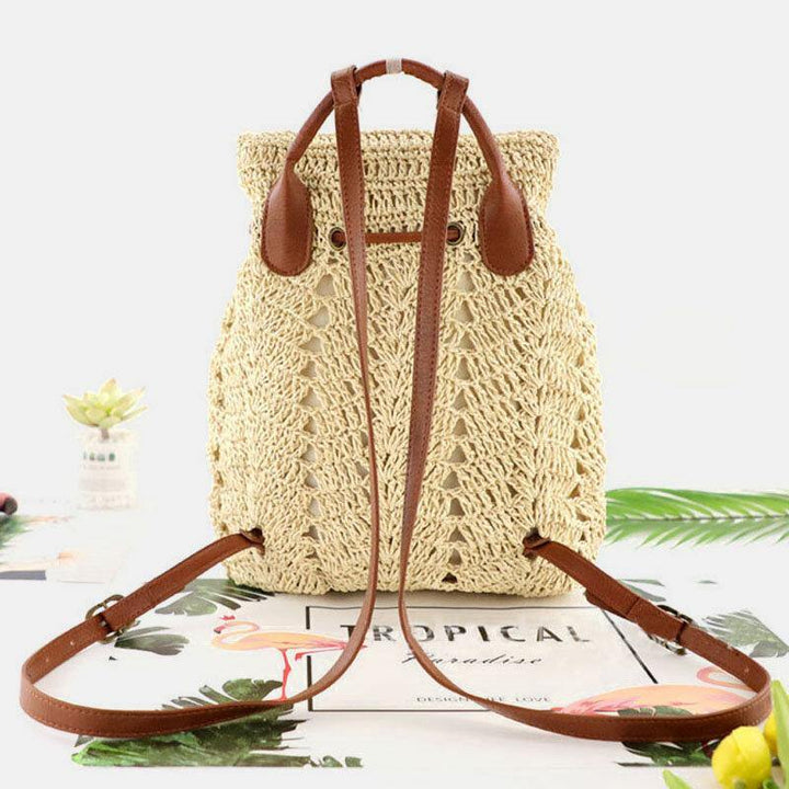 Women Mori Series String Straw Bag Dual-use Woven Bag Retro Beach Bag Backpack - Trendha