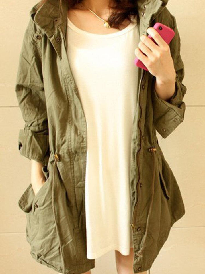 Women Solid Color Drawstring Waist Casual Hooded Coats With Pocket - Trendha