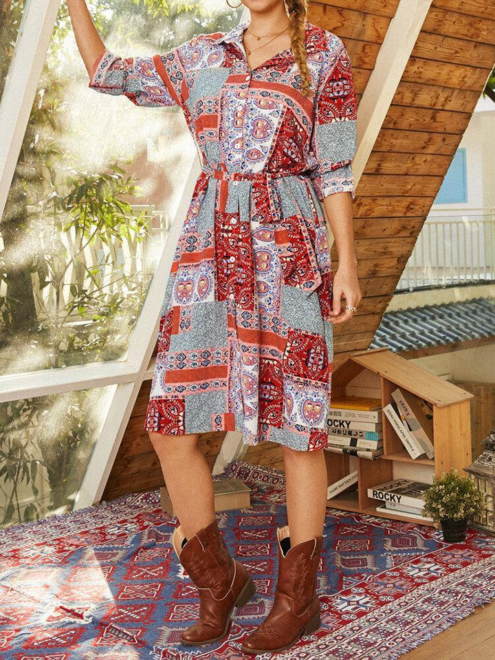 Women Bohemia Ethnic Style Colorblock Print Lapel Long Sleeve Shirt Dress - Trendha