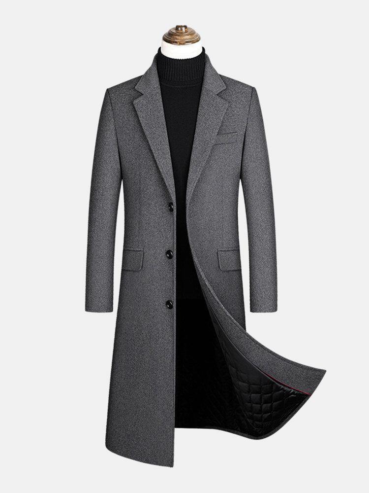 Mens Woolen Single-Breasted Flat Collar Casual Long Trench Coats With Flap Pocket - Trendha