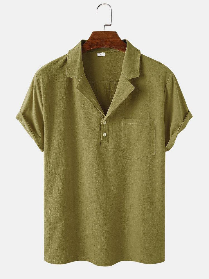 Mens Solid Color Cotton Light Chest Pocket Short Sleeve Henley Shirts - Trendha