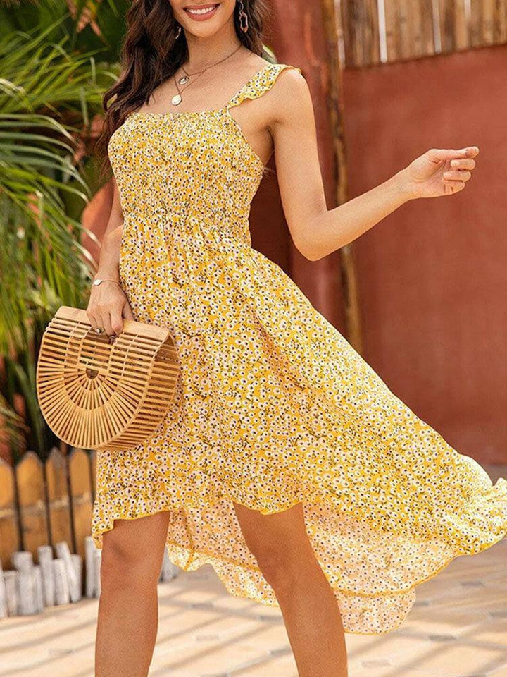 Floral Print Sleeveless Backless Ruffles Irregular Hem Holiday Midi Dress For Women - Trendha