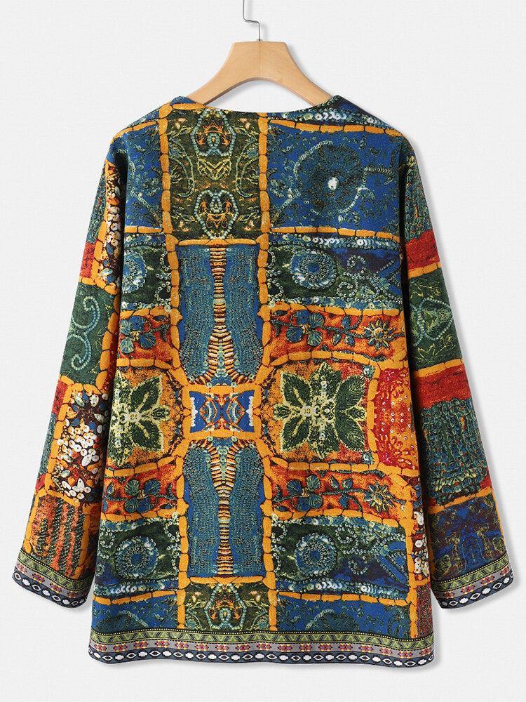 Ethnic Style Floral Print Patchwork Long Sleeve Vintage Coats With Pockets - Trendha