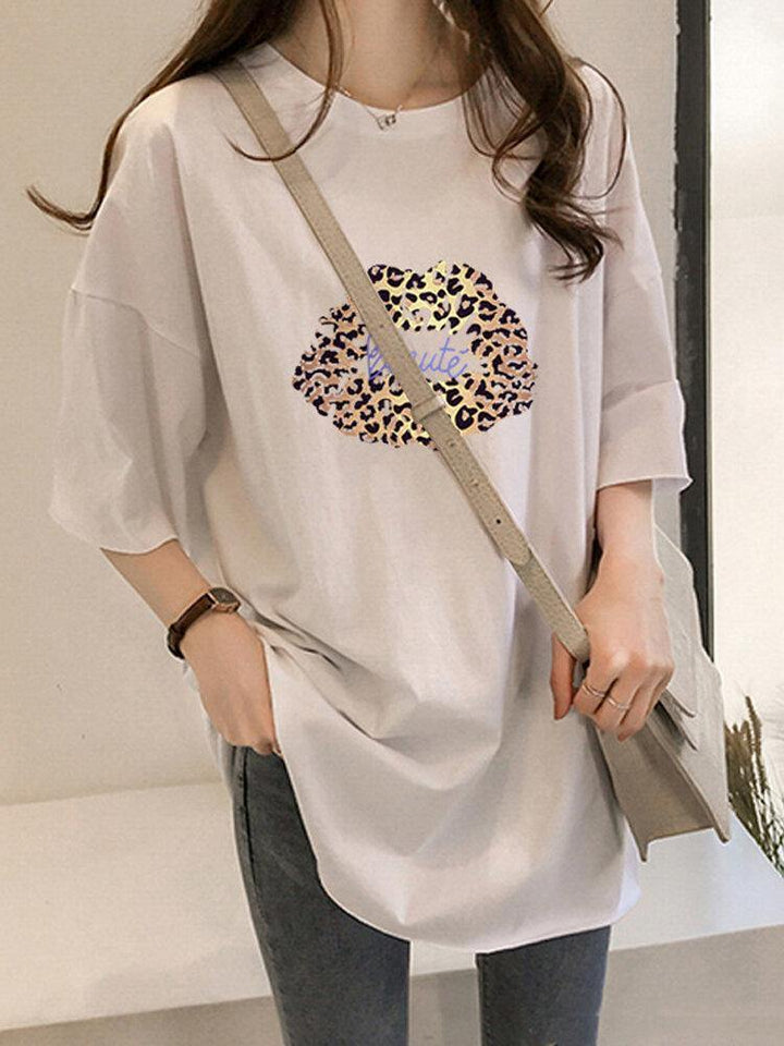 Leopard Lips Print Oversize Loose Daily Casual T-shirt - Trendha