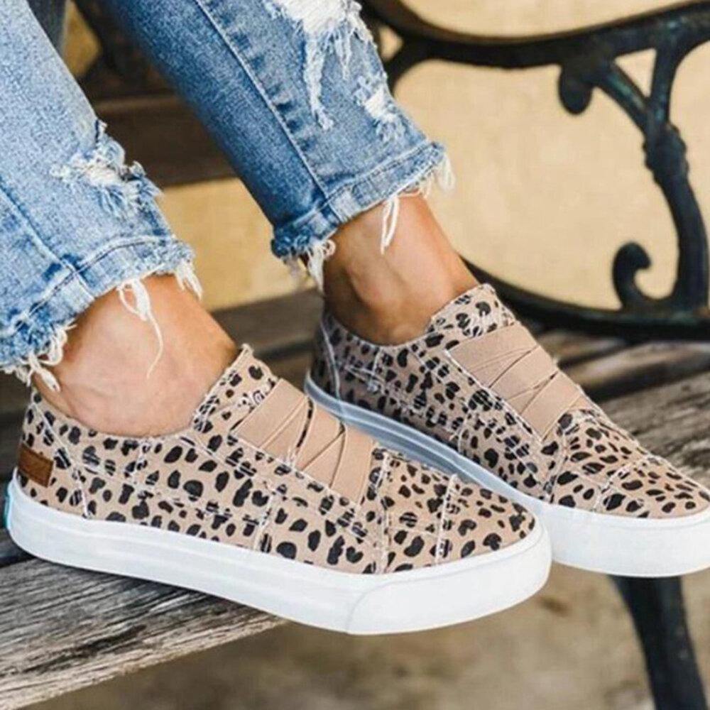 Woemn Leopard Printing Elastic Band Casual Canvas Flat Shoes - Trendha