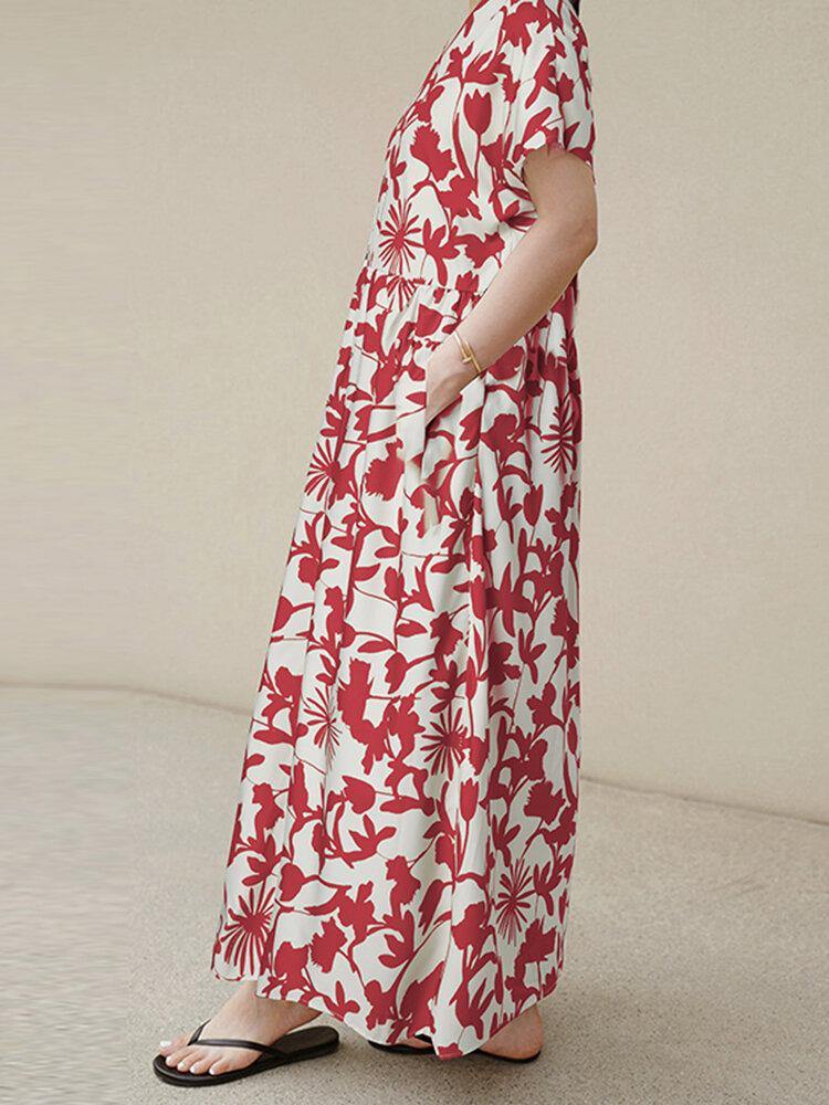 Women Floral Print Bohemian Leisure Maxi Dress With Side Pockets - Trendha