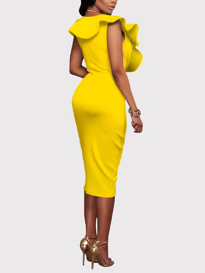 Yellow V-neck Irregular Hem Crossed Front Design Ruffle Midi Dress - Trendha