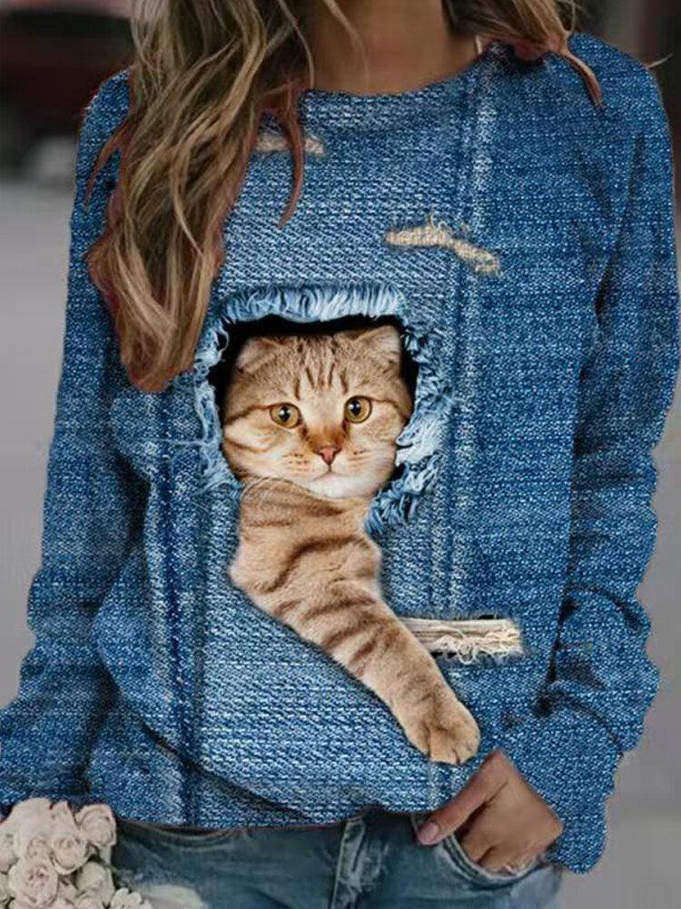 Women Design 3D Cat Print Pullover Long Sleeve Cute Sweatshirts - Trendha